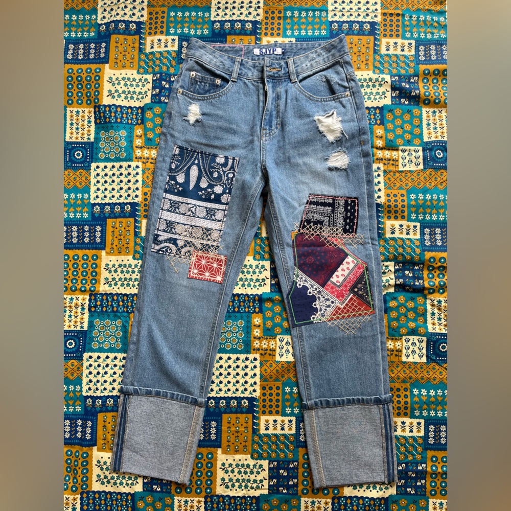 Patchwork Jeans by Korean brand SJYP Sz Small